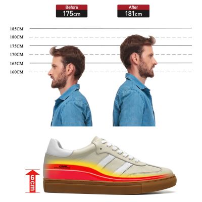 Zapatos Alzas Para Hombres - Zapatos Para Hombre Con Tacon Oculto - Zapatos Deportivos De Piel De Vaca Blanco Roto 6 CM