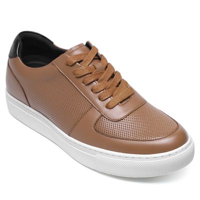 Deportivas Con Tacon Oculto Casuales - Zapatos Con Tacon Hombre De Piel Marrón Transpirable 6 CM