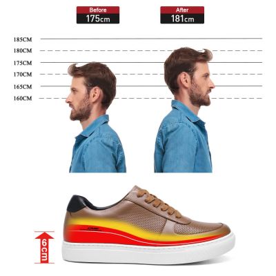 Deportivas Con Tacon Oculto Casuales - Zapatos Con Tacon Hombre De Piel Marrón Transpirable 6 CM