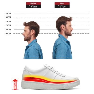 Zapatos Con Tacon Para Hombre - Zapatos Con Alzas Casuales - Zapatos Blancos Casuales De Cuero De Vaca 6 CM