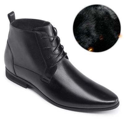 zapatos mas altos - zapatos para parecer mas alto - Botas de trabajo con alzas de cuero negro forradas de piel cálida 7 CM