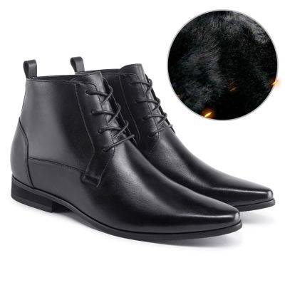 zapatos mas altos - zapatos para parecer mas alto - Botas de trabajo con alzas de cuero negro forradas de piel cálida 7 CM