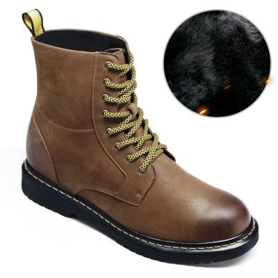 zapatos hombre altos - más altos zapatos de hombre - Botas de hombre con forro de piel cálida y cordones marrones 8 CM