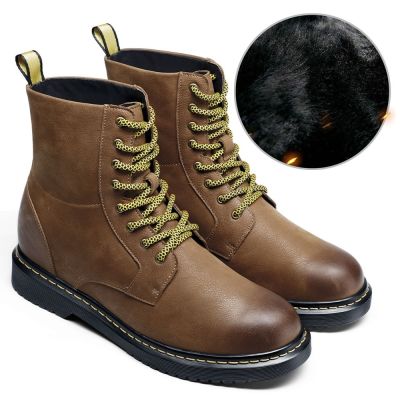 zapatos hombre altos - más altos zapatos de hombre - Botas de hombre con forro de piel cálida y cordones marrones 8 CM