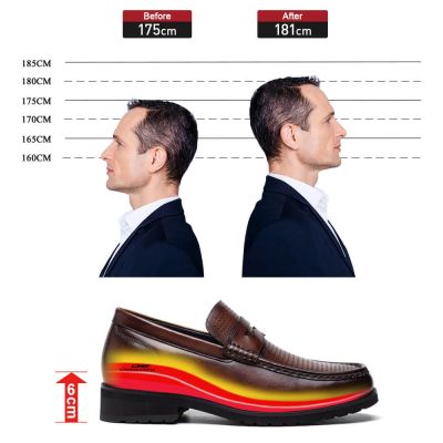 Cuero De Vacuno Marrón Mocasines Sin Cordones - Zapatos Con Alzas Para Hombre 6 CM Más Alto 