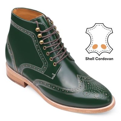 Shell Cordovan Botas con alzas- Botas de tacón alto Brogue verde - Botas WingTip hechas a mano para hombres 9CM