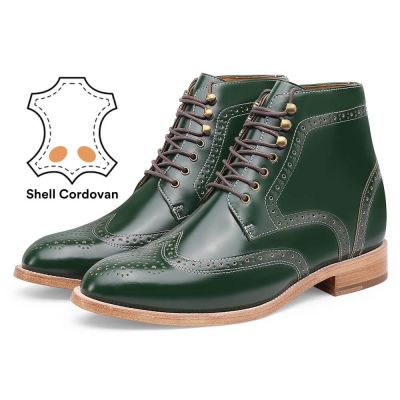 Shell Cordovan Botas con alzas- Botas de tacón alto Brogue verde - Botas WingTip hechas a mano para hombres 9CM