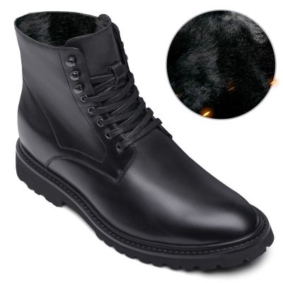 zapatos con alzas para hombre - Botas de trabajo con elevador con forro de piel Botas de invierno de cuero negro 8 CM