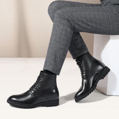 zapatos con alzas para hombre - Botas de trabajo con elevador con forro de piel Botas de invierno de cuero negro 8 CM