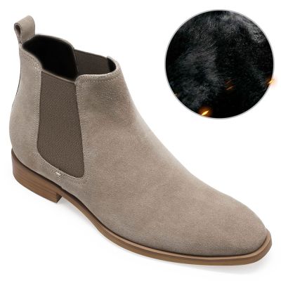 Zapatos de invierno cálidos de terciopelo - zapatos altos hombre - Botas de piel de ante color caqui - 7CM más alto