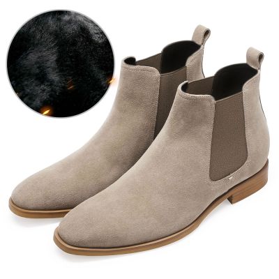 Zapatos de invierno cálidos de terciopelo - zapatos altos hombre - Botas de piel de ante color caqui - 7CM más alto