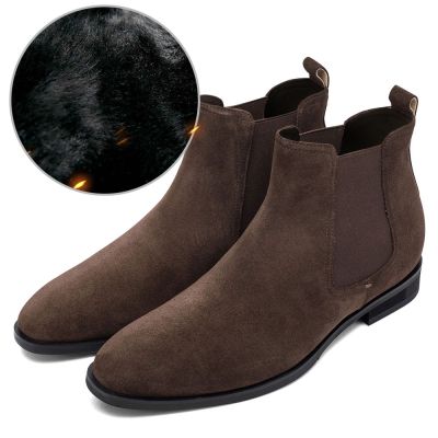 zapatillas con alzas hombre -zapatos de invierno de cuero de gamuza - botas cálidas forradas de piel 7CM