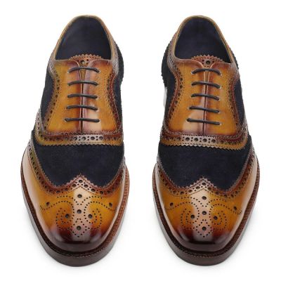 CHAMARIPA zapatos con alzas para hombres - Oxford Brogue con punta de ala artesanal - Ante azul marino - 7 CM más alto