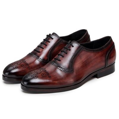 CHAMARIPA aumentar estatura zapatos - Oxford clásico con punta de casquete hecho a mano - rojo vino - 7 CM más alto