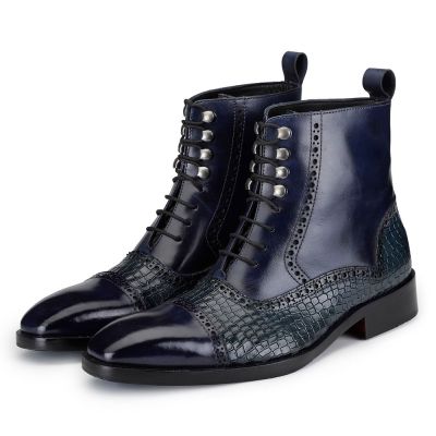 CHAMARIPA zapatos hombre con alzas - botas con cordones con punta de gorra que agregan altura - azul marino - 7CM más alto