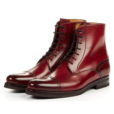 zapatos con alzas hombre - Botas con Cordones de Piel Rojo Vino para Hombre 7 CM