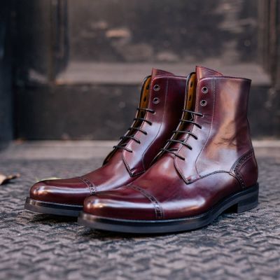 zapatos con alzas hombre - Botas con Cordones de Piel Rojo Vino para Hombre 7 CM