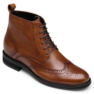 CHAMARIPA botas elevadoras invisibles de aumento de altura botas de cuero marrón para hombre 7CM