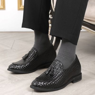 CHAMARIPA zapatos con alzas para hombre - zapatos con plataforma hombre - negro cuero tejido mocasines 8 CM Más Alto