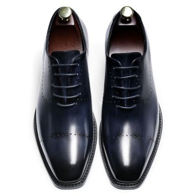 CHAMARIPA zapatos con elevacion para hombre- zapatos oxford enteros de cuero pintados a mano- azul- 6 CM más alto