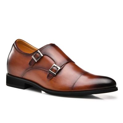 CHAMARIPA Zapatos Con Alzas - Zapatos De Vestir Monk Para Hombre Piel De Becerro Marrón 7CM Más Alto