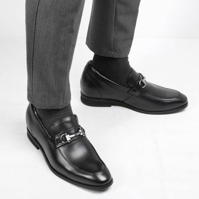 Zapatos Hombre Con Alzas - Mocasines de cuero negro Zapatos sin cordones - 7 CM Más Alto