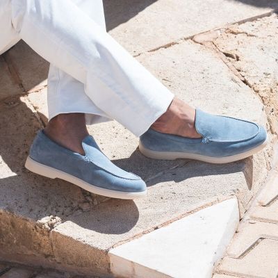 Zapatos Con Tacones Para Hombres - Calzado Con Alzas - Zapatos Mocasines Con Puntera Tipo Delantal De Ante Celestes 5 CM