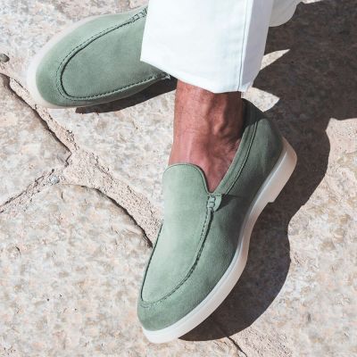 Zapatos De Tacon Alto Para Hombres - Zapatos Con Alzas - Mocasines De Cuero De Ante Verde Claro 5 CM