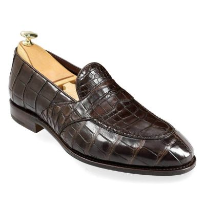 Zapatos Con Alzas Hombre - Mocasines Penny de tiras completas de piel de cocodrilo marrón hechos a mano de 6 cm