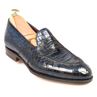 Zapatos hombre altos - Mocasines Penny de tiras completas de piel de cocodrilo azul marino hechos a mano de 6cm