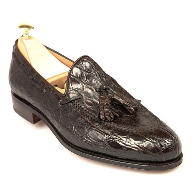 Zapatos alzas hombre - Mocasines con borlas de cocodrilo marrón hechos a mano de 6cm