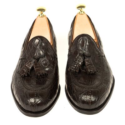 Zapatos alzas hombre - Mocasines con borlas de cocodrilo marrón hechos a mano de 6cm