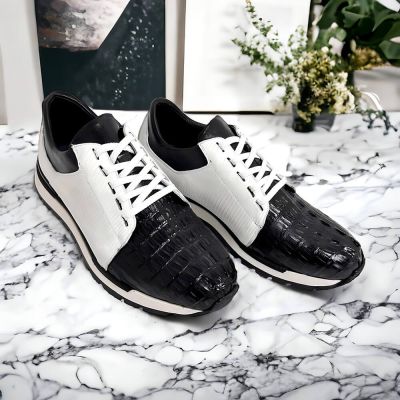 zapatos alzas para hombres - zapatillas deportivas informales con alzas de piel de cocodrilo/lagarto/becerro en blanco y negro de 7CM