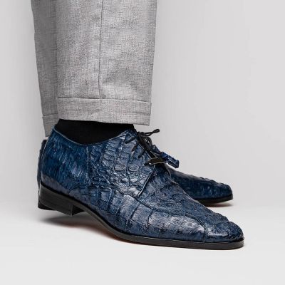 zapatos de vestir hombre altos - zapatos derby de piel de cocodrilo exótica azul marino 7CM