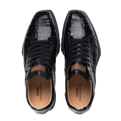 deportivas con tacon oculto hombre - zapatillas asimétricas de piel de cocodrilo exóticas negras de 7 CM