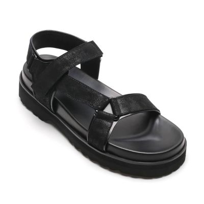 Chamaripa sandalias con elevador de cuero negro zapatillas de aumento de altura moda casual zapatos con elevador sin cordones 6CM