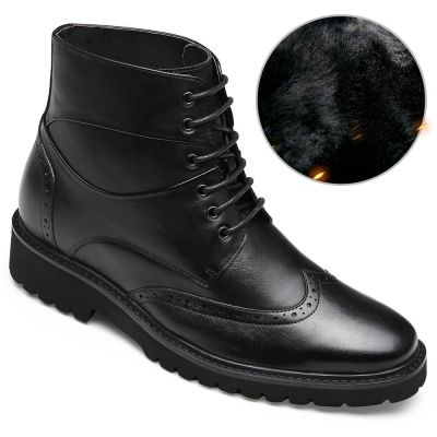 zapatos con alzas hombre - botas negras forradas de piel cálidas de invierno 7CM