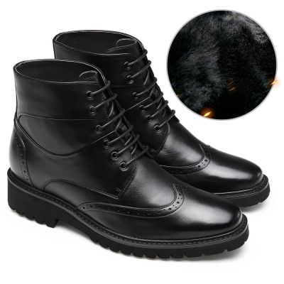 zapatos con alzas hombre - botas negras forradas de piel cálidas de invierno 7CM