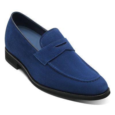 Zapatos Altos Hombre - Zapatos Plataforma Hombre - Mocasines Penny Piel Ante Azul 7cm