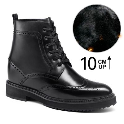 botas con alzas hombre - botas moto para ganar altura - Botas Brogue Forradas Pelo Negro 10 CM