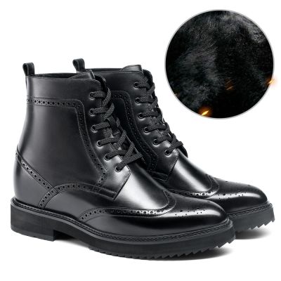 botas con alzas hombre - botas moto para ganar altura - Botas Brogue Forradas Pelo Negro 10 CM