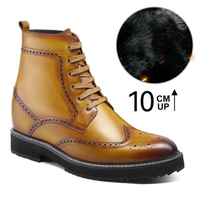 botas hombre tacon alto - zapatos con alzas de 10 cm - Botas con alzas forradas de piel cálida Brogue marrón 10 CM