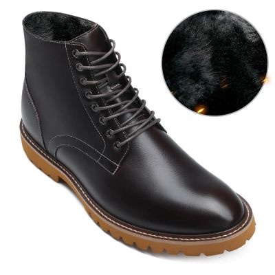 zapatos con alzas hombre - Zapatos con alzas de cuero café de invierno para hombre con forro de piel 7 CM