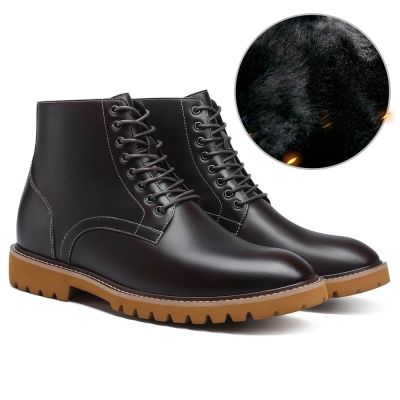 zapatos con alzas hombre - Zapatos con alzas de cuero café de invierno para hombre con forro de piel 7 CM