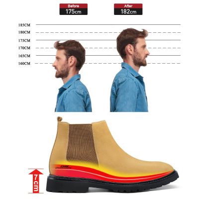 Botas Con Alzas Hombre - Zapatos Con Alzas Ofertas - Botas Chelsea De Nobuk Amarillas 7CM