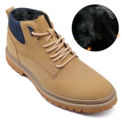 zapatos con alza - Botas de invierno con forro de piel para hombre de piel nobuck amarilla 7 CM