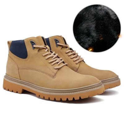 zapatos con alza - Botas de invierno con forro de piel para hombre de piel nobuck amarilla 7 CM