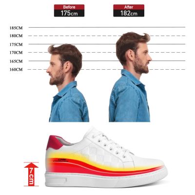 Deportivas Con Tacon Oculto Casuales - Cuero De Vaca Blanco Zapatos Con Alzas Para Hombres 7 CM Más Alto