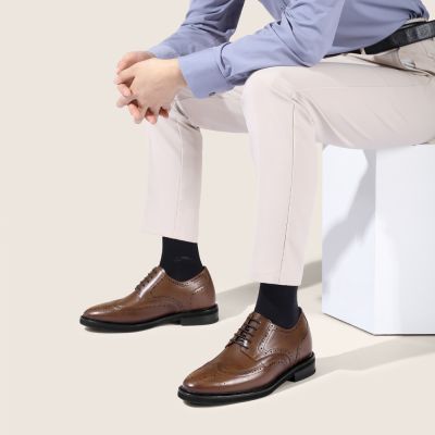 Zapatos Con Alzas Para Hombre - Marrón Piel De Vacuno Zapatos De Vestir Hombre 7 CM Más Alto 