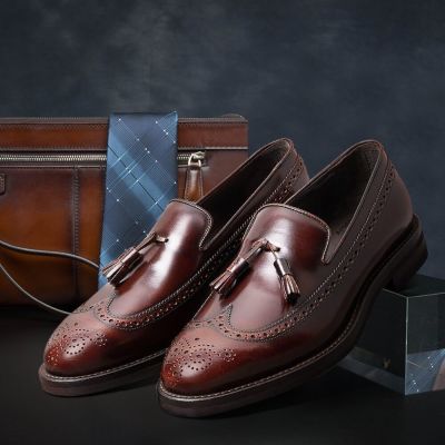 Mocasines con borlas de brocas longwing vino tinto - Zapatos hombre para subir de estatura de negocios piel de becerro pulida - 7CM Más Alto